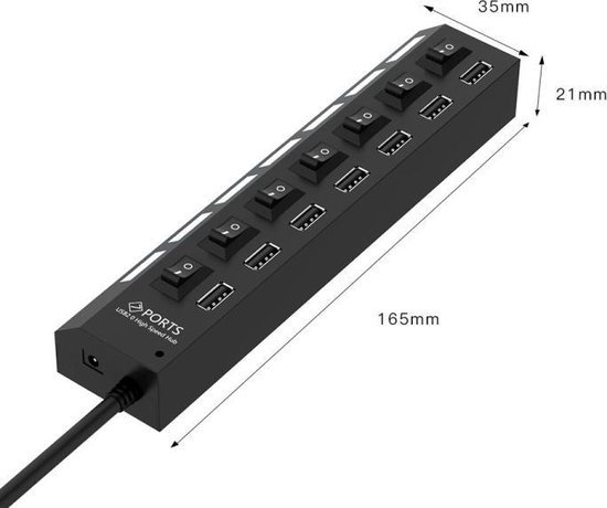 HI Speed - Zakelijke USB Splitter - USB Hub Met 7 Poorten - Aan/Uit Switch - Laptop én Desktop - Zwart