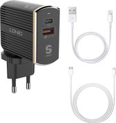 LDNIO A2502C QC 3.0 USB + Type-C PD Travel USB oplader + 2 kabels voor iPhone 11 / Pro / Max / X / Xs/ XR / MAX / 8 / 8 Plus / SE / 2020 / 5S / 5 / 5C / 6S / 6 Plus / 7 / 7 Plus /