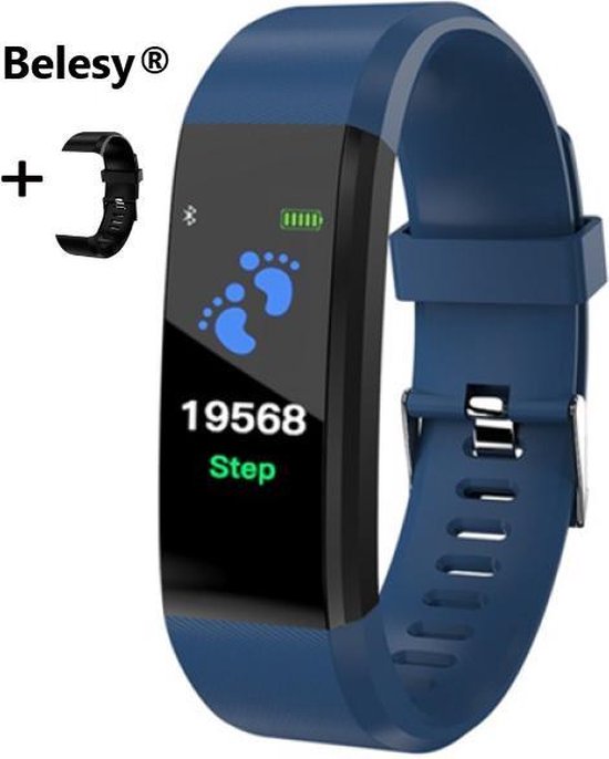 Smartwatch stappenteller extra zwarte polsband - Blauw | bol.com