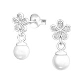 Joy|S - Zilveren bloem oorbellen met hangende parel