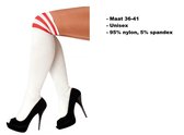 Paar lange sokken wit met rode strepen - maat 36-41 - kniekousen overknee kousen sportsokken cheerleader carnaval voetbal hockey unisex festival