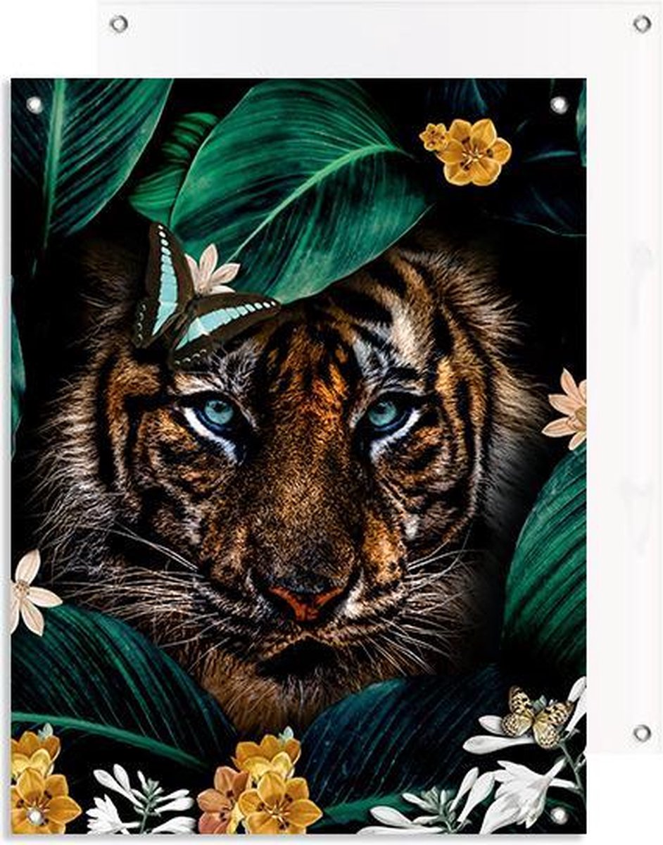 Tuinposter | Tijger met bloemen en bladeren | 70 x 100 cm cm | PosterGuru.nl