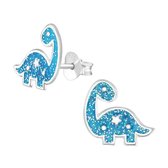 Joy|S - Zilveren glitter dinosaurus oorbellen 12 x 10 mm dino blauw