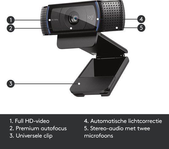 Webcam Logitech C920 noire avec accents bleus, étiquetée 1: Vidéo Full HD, 2: Autofocus premium, 3: Clip universel, 4: Correction automatique de l'éclairage, 5: Audio stéréo avec deux microphones.