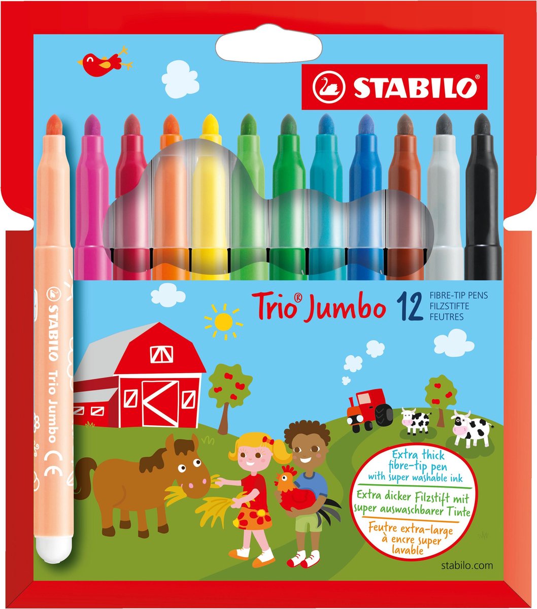 STABILO Trio Jumbo - Viltstift - Met Extra Dikke Punt 3,0 mm - Etui met 12 kleuren - STABILO