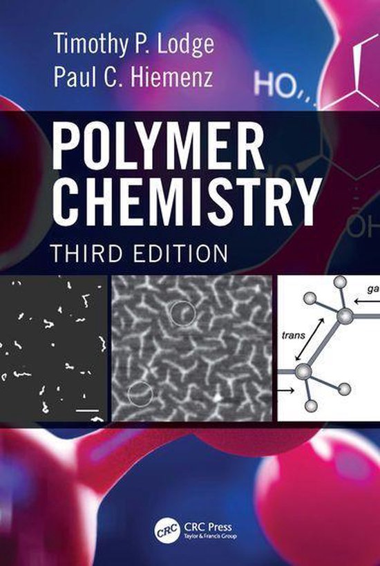 Boek 'Polymer Chemistry Third Edition' met afbeeldingen van polymeermoleculen, patronen en chemische structuren.