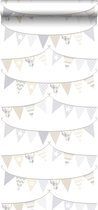 ESTAhome behangpapier vlaggetjes lichtgrijs, beige en glanzend wit