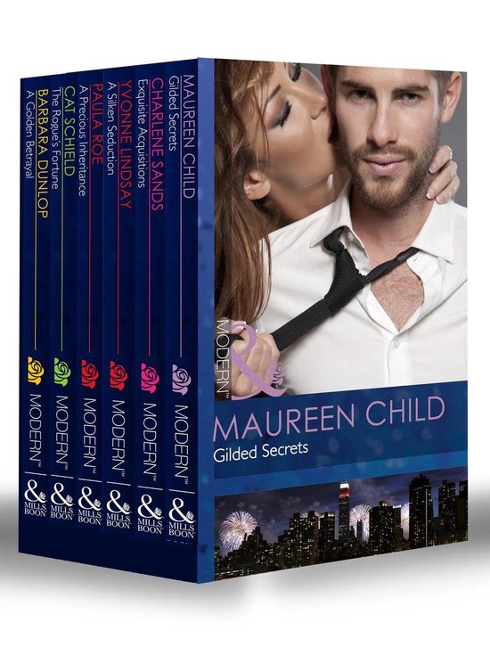 Boekenreeks met titels als 'Gilded Secrets' door Maureen Child. Close-up van een man en vrouw, met een skyline en vuurwerk op de achtergrond.