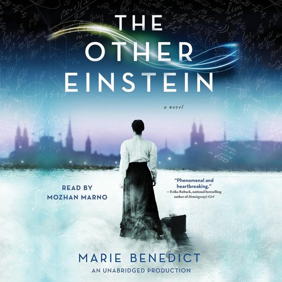 Boekcover van 'The Other Einstein'. Een vrouw in witte blouse en zwarte rok staat met de rug naar de kijker, met een koffer naast zich. Wiskundige formules op de achtergrond.