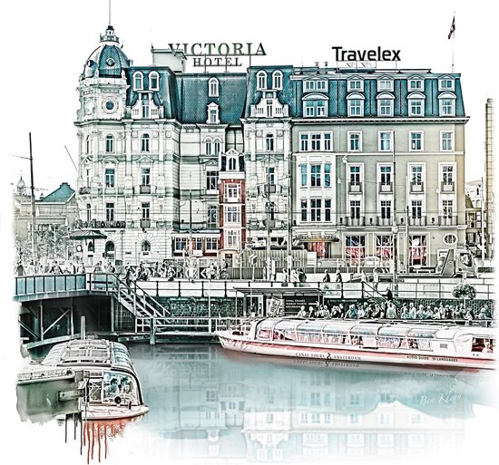 Ben Kleyn - Schilderij - Amsterdam Victoria Hotel Vintage - Multicolor - 30 X 30 Cm