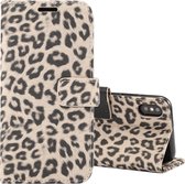 Luipaardpatroon horizontale flip lederen tas voor iPhone XS, met houder en kaartsleuven (grijs)