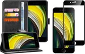 Hoesje geschikt voor iPhone SE 2022 / 2020 / 8 / 7 - Screen Protector FullGuard - Book Case Leer Pasjeshouder Zwart & Screenprotector