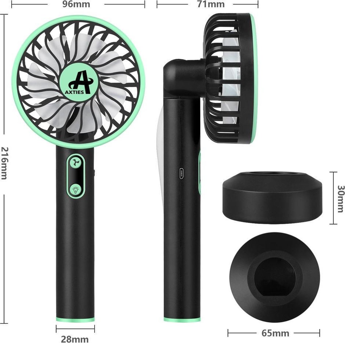 AXTIES 2-in-1 Draagbare Mini Ventilator met LED Lamp - USB Oplaadbaar 2000 mAh Batterij - 3 Snelheden & Lichtstanden - Draagbaar Kleine Tafelventilator - Mobiele Tafel Fan - Bureau Luchtkoeler Airco - Hand Waaier Lucht Koeler - Aircooler - Air Cooler — afbeelding 7