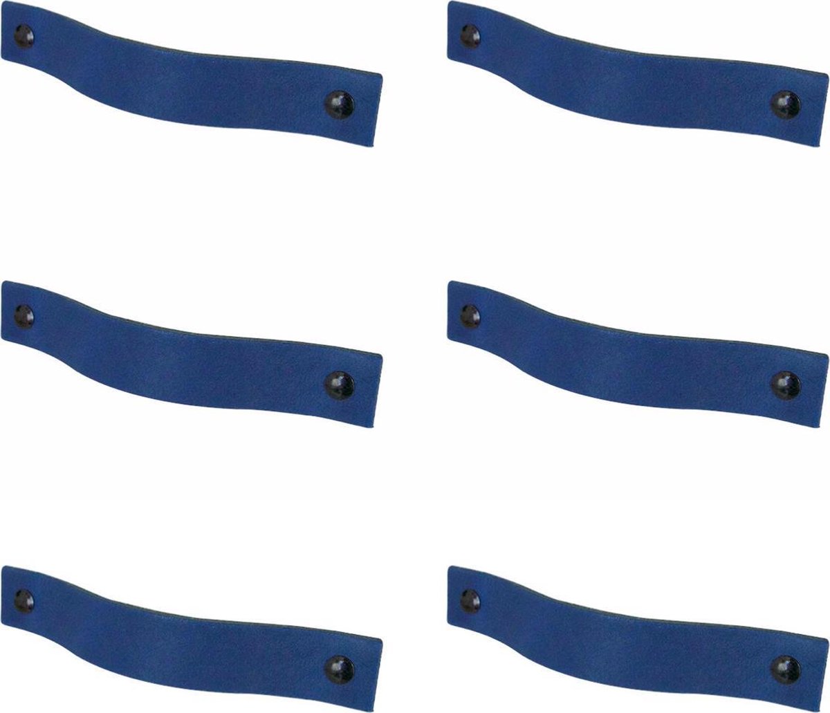 6x Leren handgrepen 'platte greep' - maat L (22,2 x 2,5 cm) - BLAUW  - incl. 3 kleuren schroefjes (handgreepjes - leren grepen - greepjes - leren lusjes)