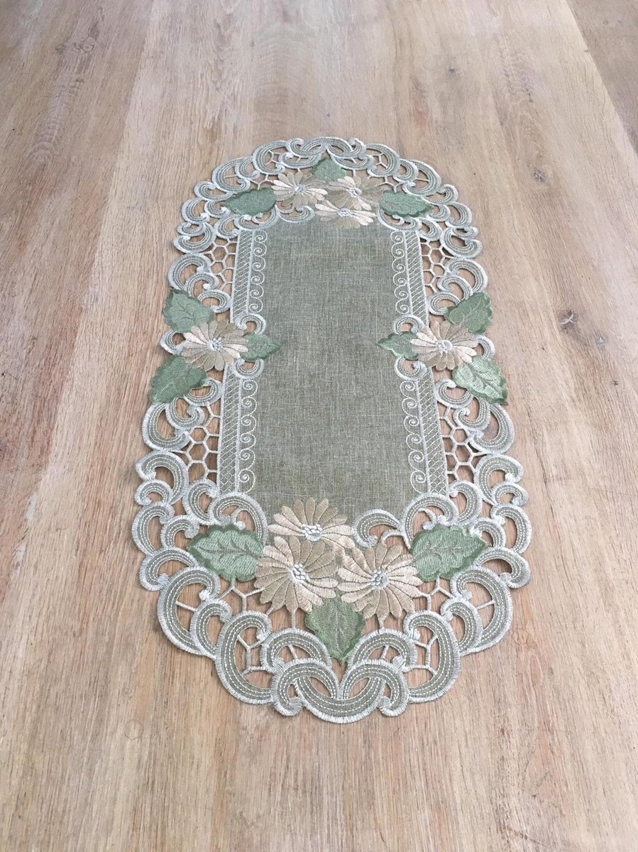 Tafelloper - Linnenlook Groen met bloemen - Loper 90 x 40 cm
