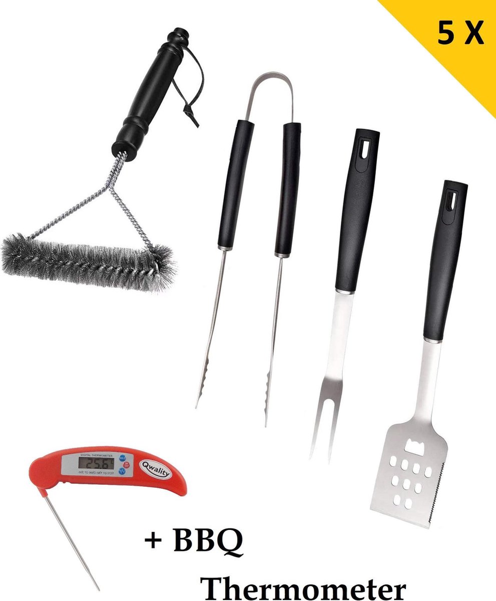 Luxe BBQ Accessories – Barbecue Gereedschap Set – Keuken Thermometer - Vleestang - BBQ borstel - Spatel - RVS - 5-delig – Qwality