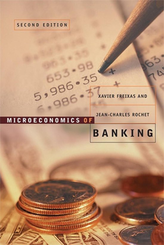 Boek 'Microeconomics of Banking 2nd' met stapel munten, bankbiljet en potloodpunt op een cijfermatige achtergrond.