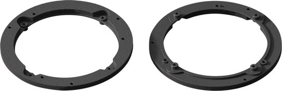 Twee ronde, zwarte luidsprekerringen met schroefgaten. De ringen hebben een doorsnede van 130 mm.
