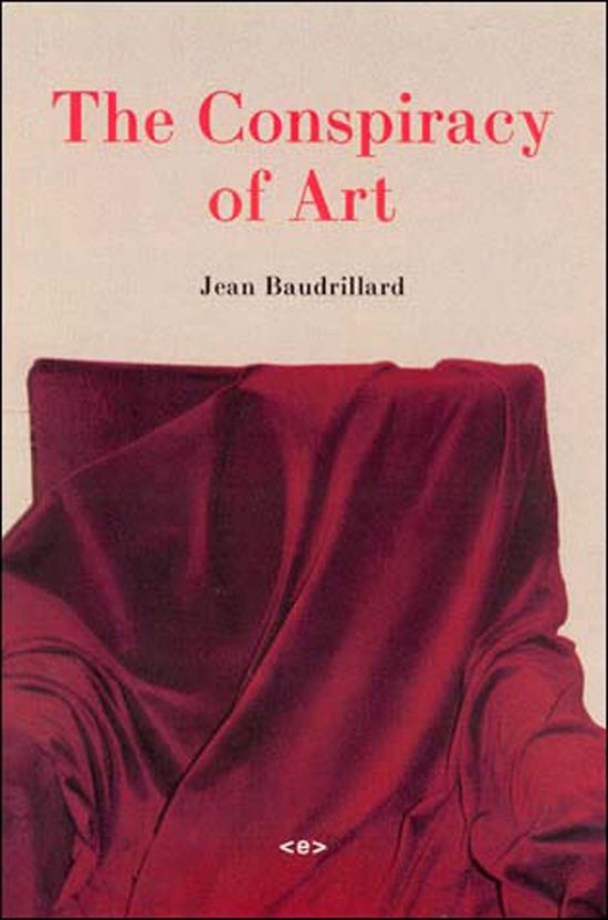 Boekomslag van 'The Conspiracy of Art' door Jean Baudrillard, met een stoel bedekt met een bordeauxrode stof.