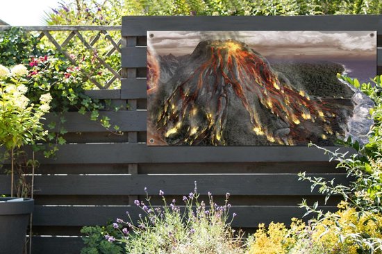 Une illustration d'une photo aérienne d'une affiche de jardin d'éruption volcanique 160x80 cm - Toile de jardin / Toile d'extérieur / Peintures d'extérieur (décoration de jardin)