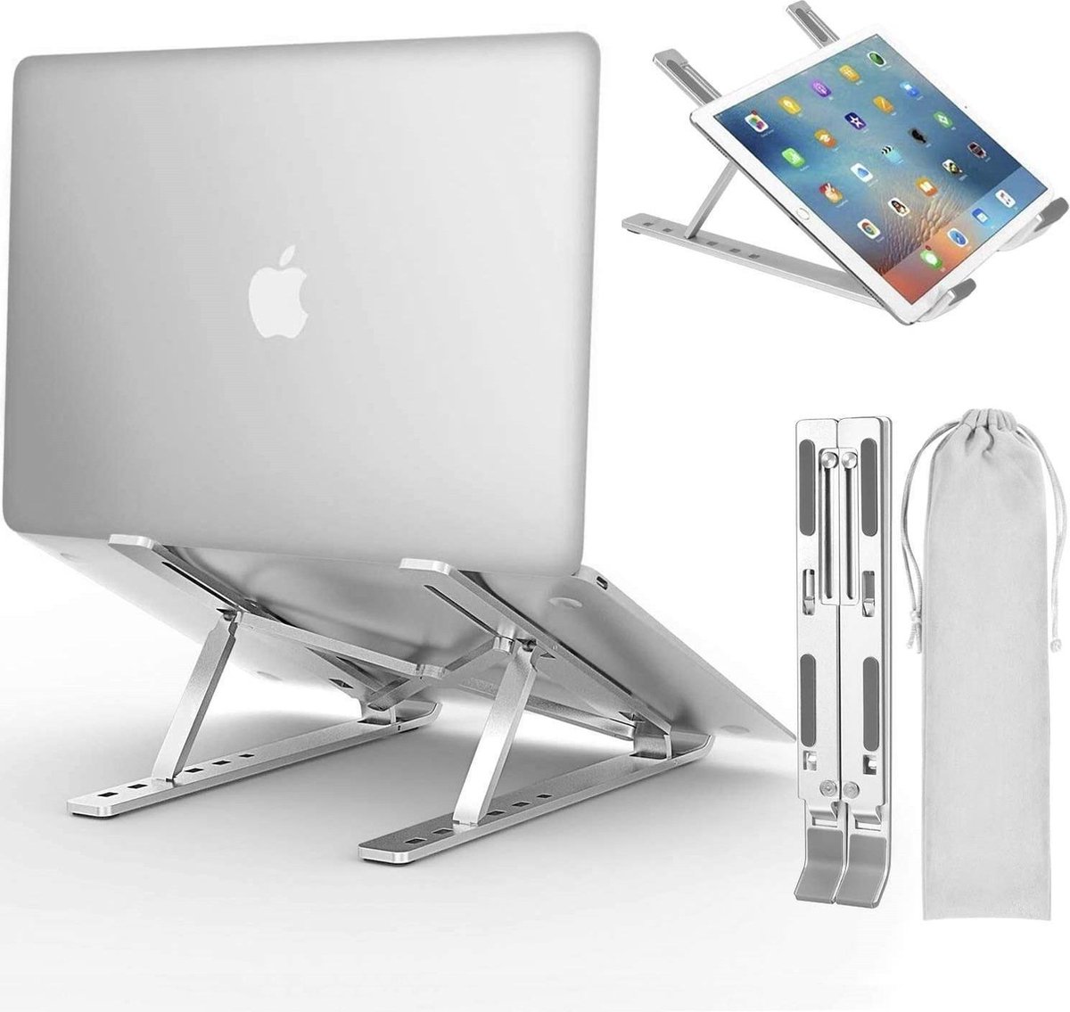Verstelbare Laptop Standaard - Opvouwbare Aluminium Laptop en Tablet Houder met Opbergzakje - Tot 15.6 inch - ATHLETIX