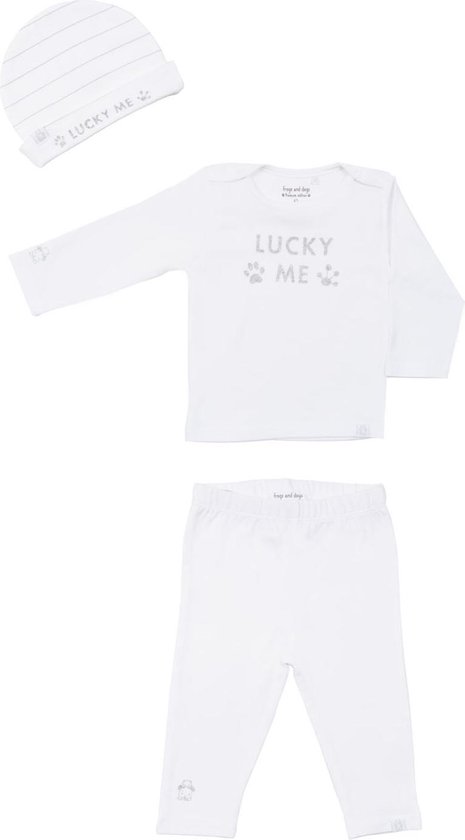 Grenouilles & Chiens - cadeau de maternité - bébé - fille - pantalon + chemise porte-bonheur + bonnet - paillettes - blanc - taille 62
