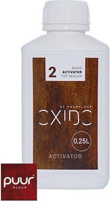 Witte fles met bruin label, '2 BASIS activator top sealer' en '0,25L' erop.