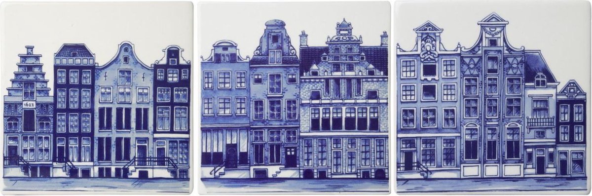 Tegeltjes - Delfts blauw - set van 3 - tegeltje - muurdecoratie - Amsterdam - grachtenpandjes - decoratie wandrek - keramiek - woondecoratie - housewarming cadeau - cadeau voor vrouw