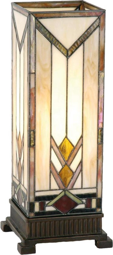 LumiLamp Tiffany Tafellamp 18x18x45 cm Beige Geel Glas Rechthoek Tiffany Bureaulamp