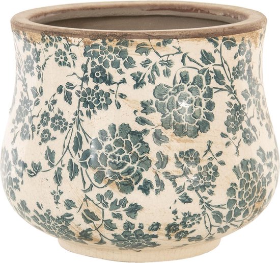 Clayre & Eef Bloempot Ø 15x13 cm Beige Groen Keramiek Bloemen