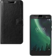 hoesje Geschikt voor: Nokia 2 Portemonnee zwart met 2 stuks Glas Screen protector