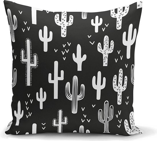 Woonkamer decoratieve sierkussen zwarte en wit cactus - Kussens woonkamer - Aan beide zijdig bedrukt - 45x45cm