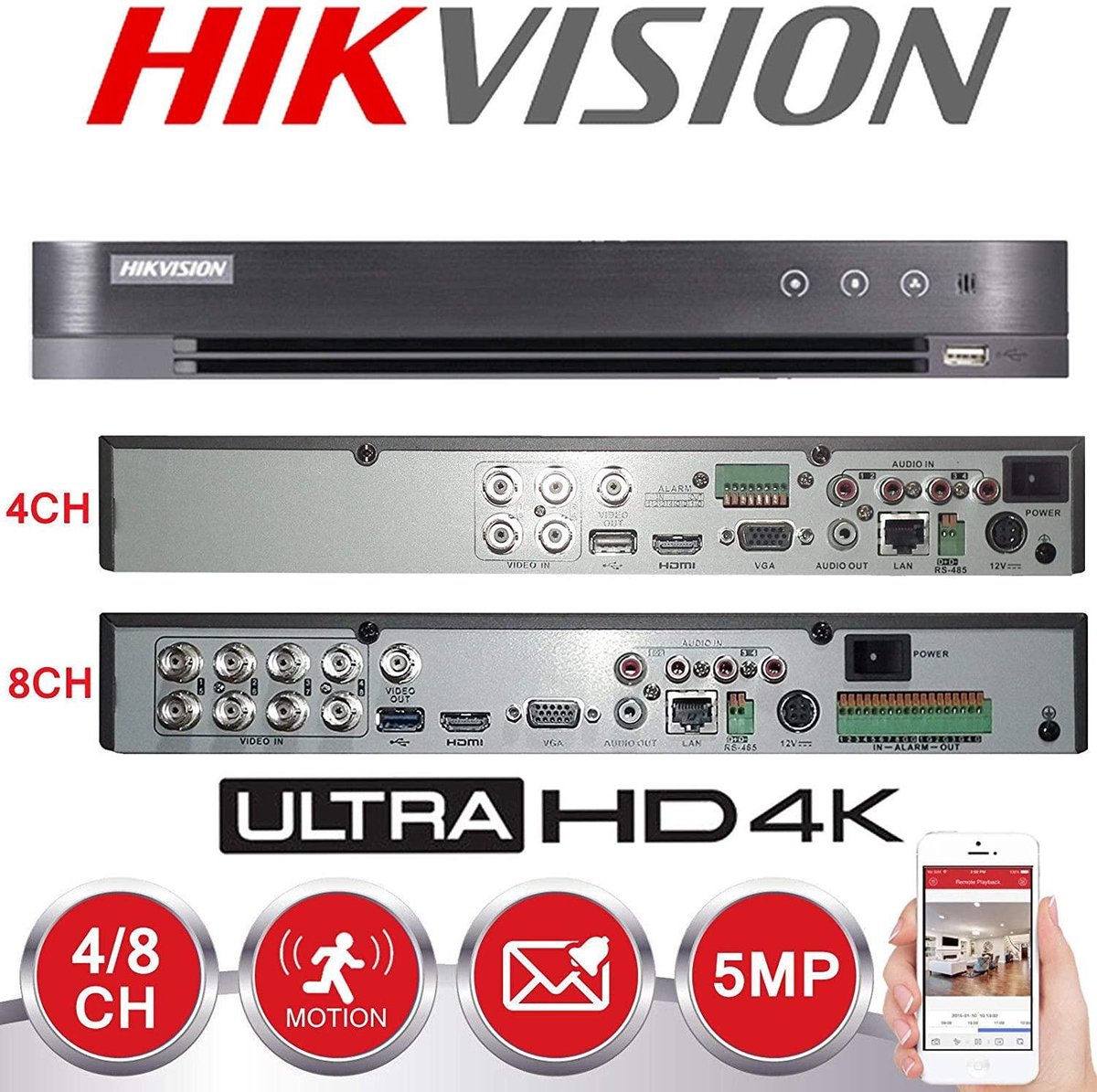 Hikvision CCTV-beveiligingssysteem, 8 kanalen, 5 MP, 7 x LTS-camera's, 4K-resolutie, DS-7208HUHI / K1 DVR + 2 TB HDD (complete set + 7 x camera's + 2 TB)