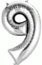 Folie ballon XL cijfer 9 zilver kleur is  + - 1 meter groot  groot  inclusief een flamingo sleutelhanger