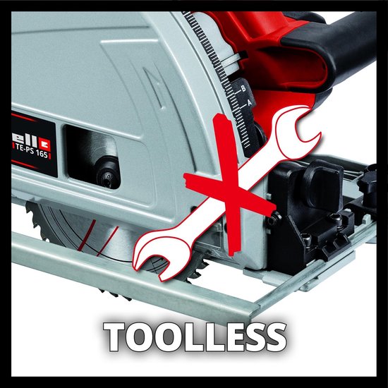 Einhell invalzaag met een doorgestreepte moersleutel, wat duidt op 'TOOLLESS'.