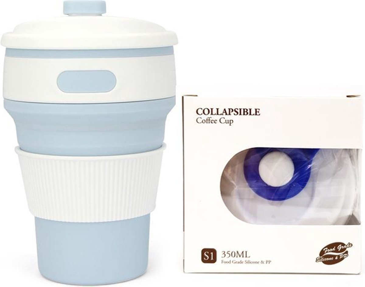 Koffiebeker - Inklapbare beker - duurzame beker- 100 % BPA vrij - Opvouwbaar beker - Reisbeker - Meeneem beker - Travel cup - 350 ml - licht blauw