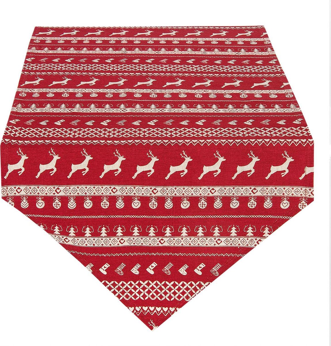 Clayre & Eef Tafelloper 50x160 cm Rood Beige Katoen Herten en Kerst Tafelkleed