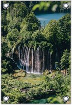 Tuinposter –Watervallen tussen de Bomen in het Bos– 100x150cm Foto op Tuinposter (wanddecoratie voor buiten en binnen)