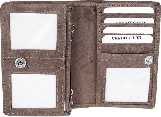 Bruine portemonnee met bloemenpatroon, open, met meerdere vakjes voor creditcards en foto's.