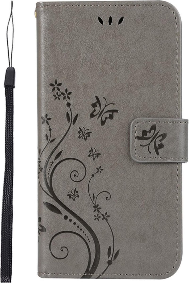 Geschikt voor Apple iPhone X - XS Bookcase - Grijs - Bloemen - Portemonnee Hoesje - Pasjeshouder
