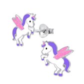 Joy|S - Zilveren unicorn oorbellen met roze glitter vleugeltjes 10 x 13 mm eenhoorn