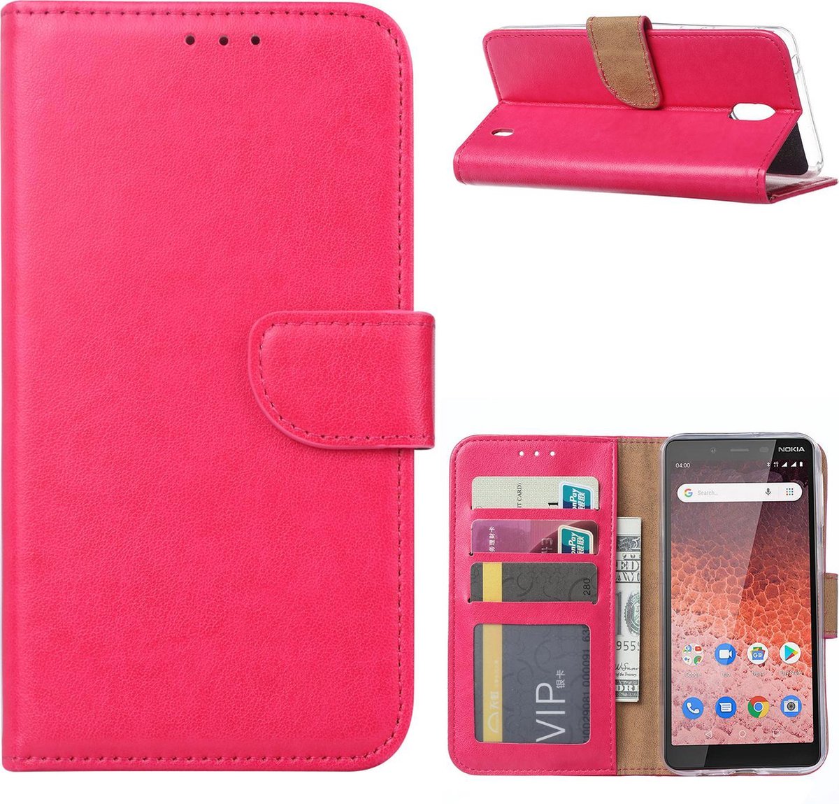 Bookcase Geschikt voor: Nokia 1 Plus - Roze - portemonnee hoesje