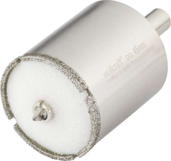 Wolfcraft tegelboor DG 45mm met diamantcoating en centreerboor. Zilverkleurig metaal met witte schuimvulling aan de voorkant.