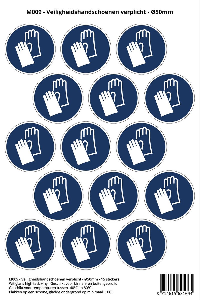 Pictogram sticker M009 - Veiligheidshandschoenen verplicht - 50 x 50mm ...