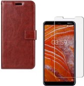 Nokia 3.1 Plus Portemonnee hoesje bruin met 2 stuks Glas Screen protector