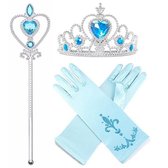 Frozen 4-delige accessoire verkleedset blauw - kroon + staf + Frozen Elsa handschoenen + vlecht bij Elsa jurk