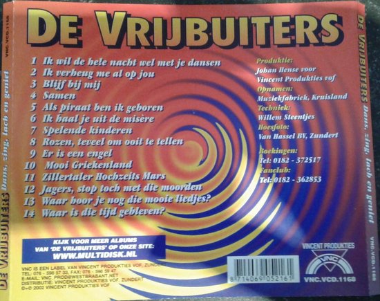 Cd-hoes met de tekst 'DE VRIJBUITERS Dans, zing, lach en geniet' en tracklist.