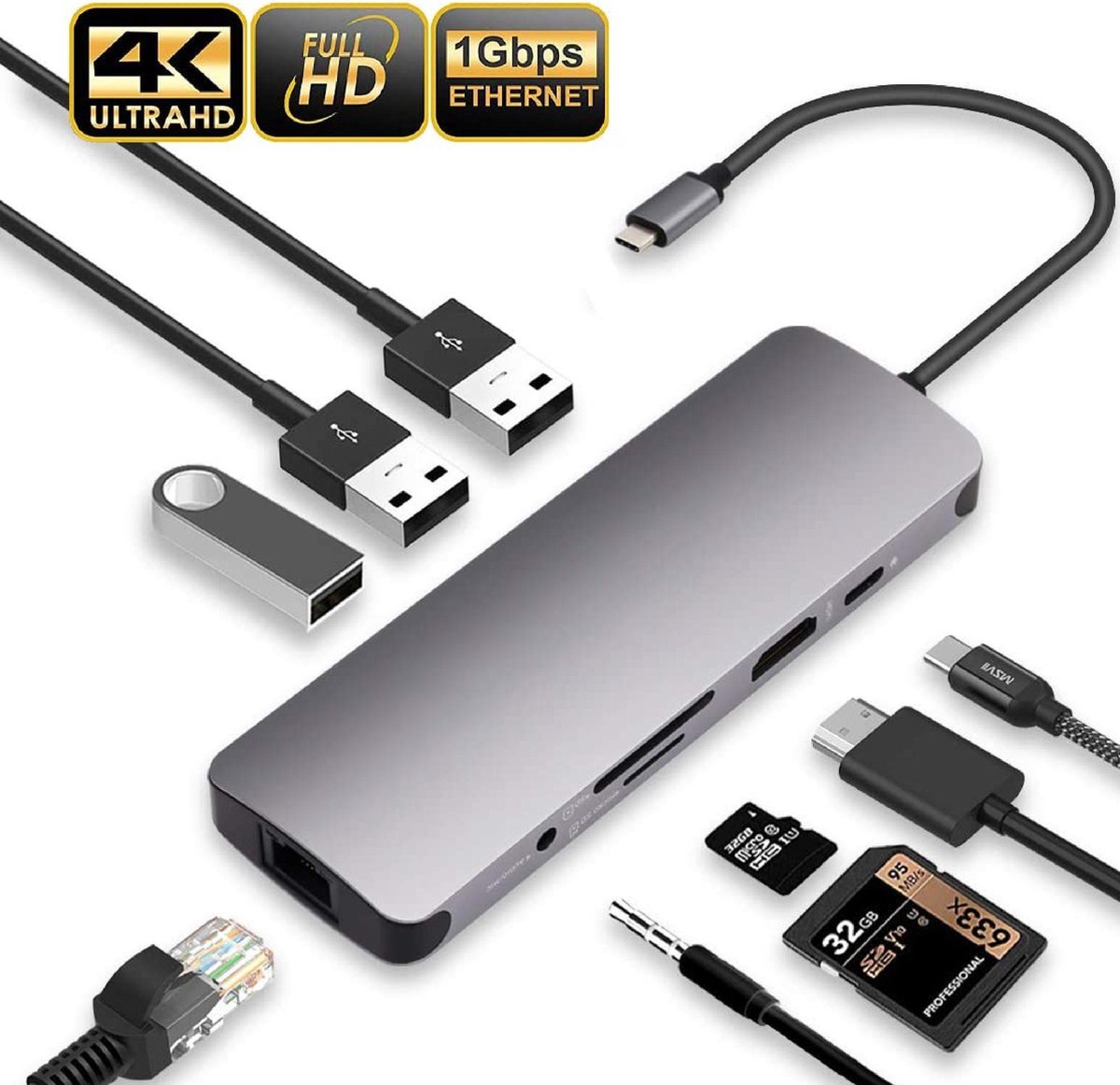 USB-C hub - 9 in 1 Grey - 4K Docking Station, Adaptor Charging Power,... | bol.com