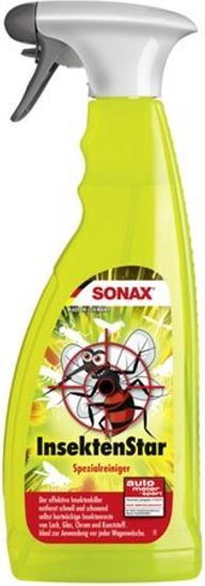 Sonax InsektenStar flacon met spuitmond. Lichtgroene fles met tekening van een vlieg die door een schietlogo wordt geraakt. Inhoud: Insektenreiniger.