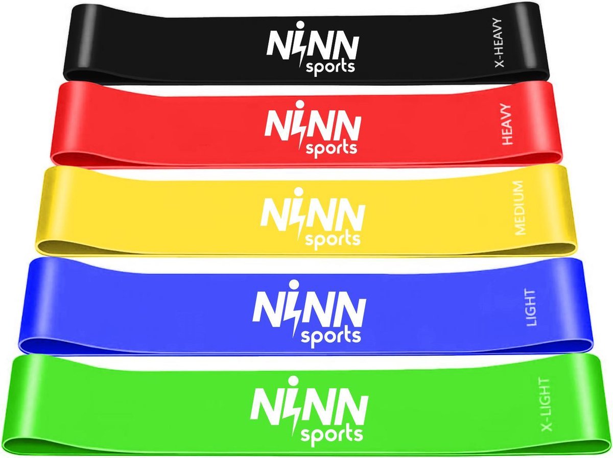 NINN Sports Zwart - Premium Weerstandsbanden van hoge kwaliteit - Set van 5 Resistance Banden - Fitness Elastiek - Incl eBook - Valentijn cadeautje voor haar - Valentijn